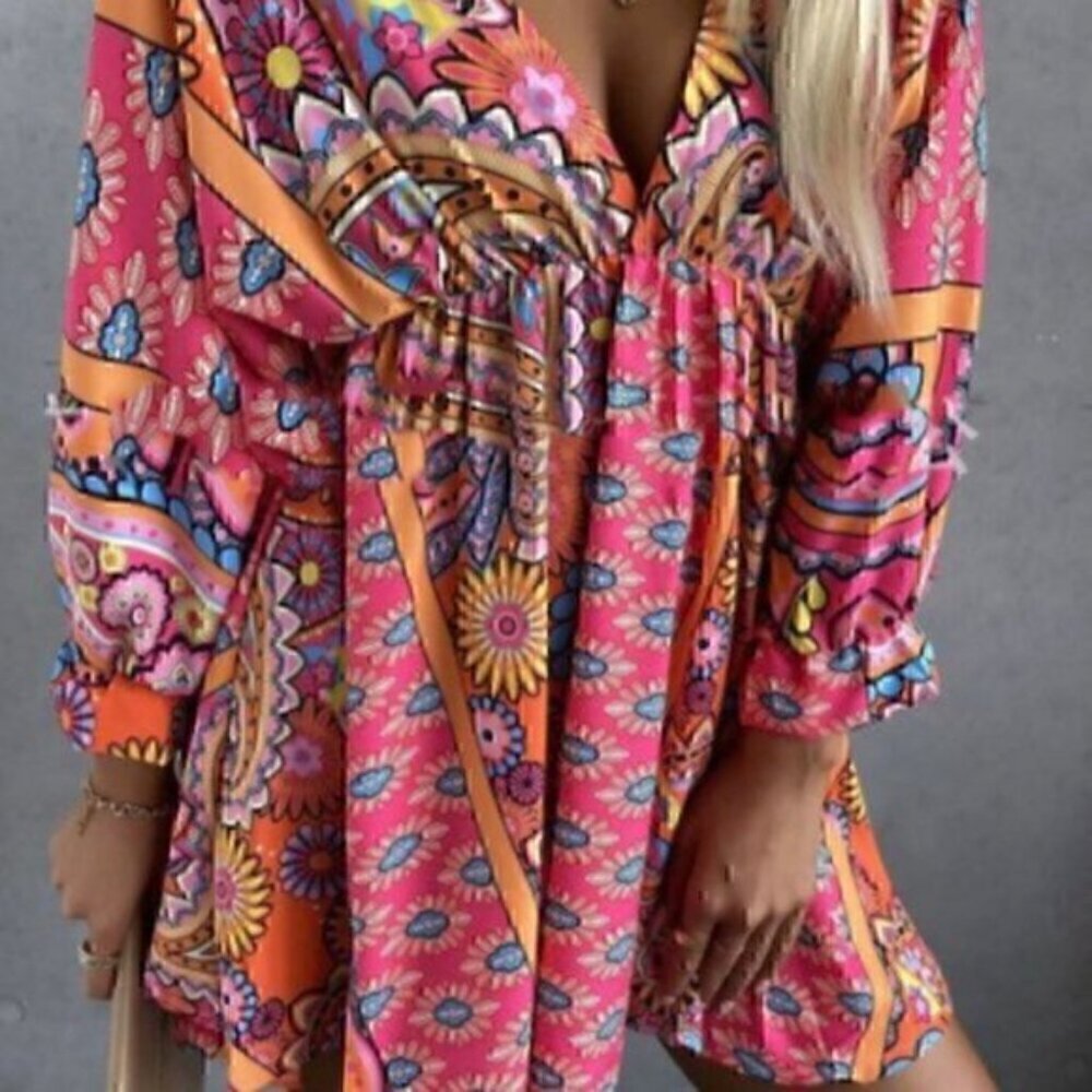 Floral Print Lace Up V-neck Dress, Boho Short Sleeve Waist Backless Summer L - Picture 3 of 6